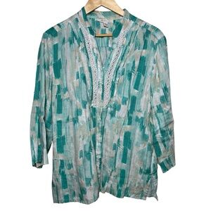 JM Collection Top Blouse Sz 16 100% Linen Teal White Button Up Coastal Lace FLAW
